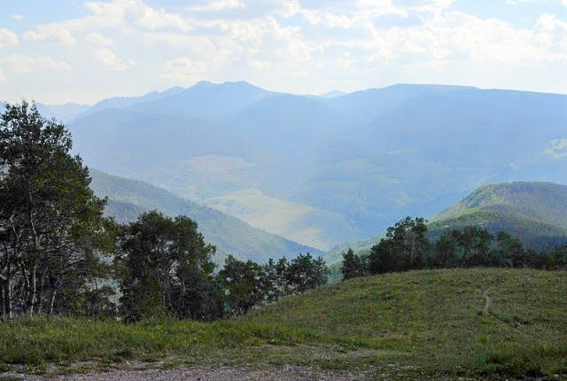 A large green field with a mountain in the background