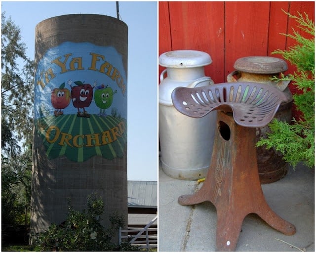 2 photo collage: painted silo at Ya Ya Farms on left and iron antique stool on right