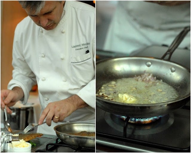 2 photo collage, Chef working in kitchen over a skillet and stovetop, sauteing shallots in butter in skillet on right