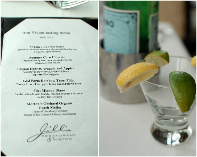 St. Julien Hotel’s tasting menu (on right), empty cocktail glass with lime and lemon wedges on rim (on right) 