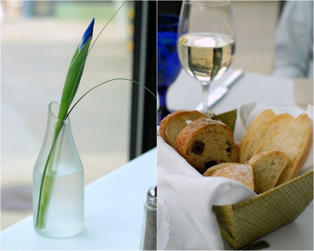 1 photo collage: iris flower in vase (left) basket of mixed breads on right