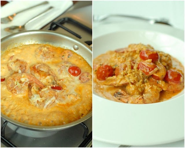 2 photo collage close up view of creamy shrimp dish in skillet on left, creamy shrimp dish in white bowl on the right