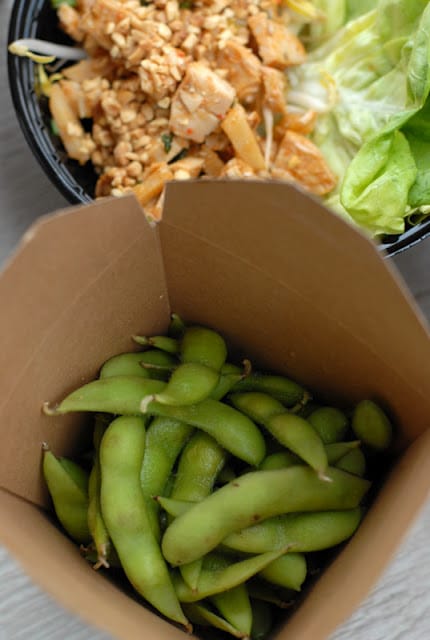 A bowl of food, with Edamame