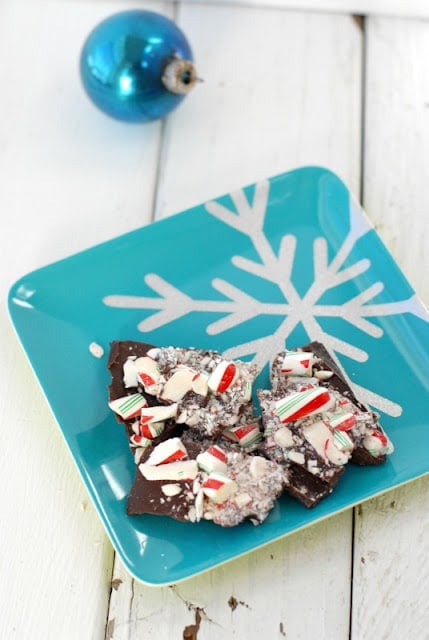 peppermint bark on a blue snowflake plate