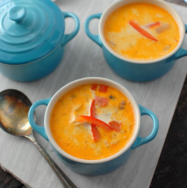 coconut black eyed pea soup in blue container