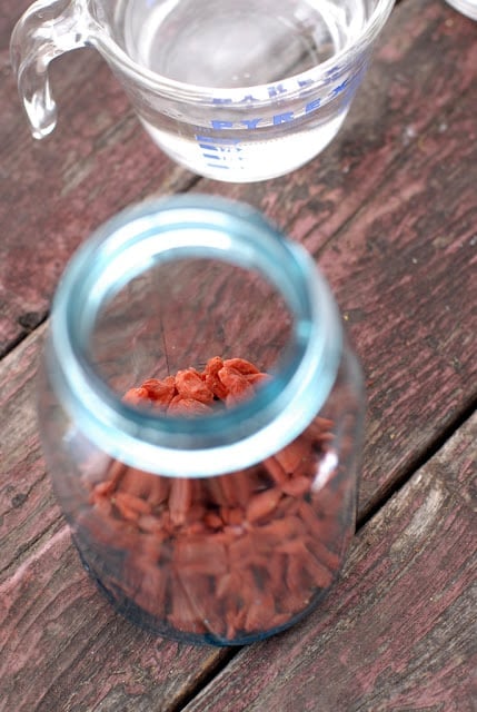 Goji berries in blue vintage jar 