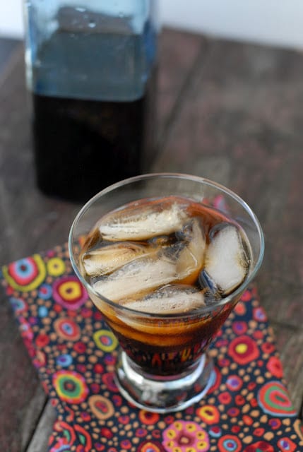 Homemade Coffee Liqueur in a glass with ice