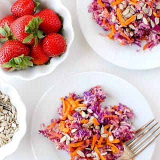 Crunchy Confetti Slaw with Strawberry-Peach Balsamic Dressing on white plates