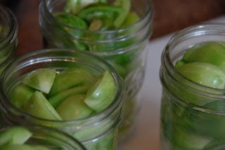 Pickled Green Tomatoes in canning jars