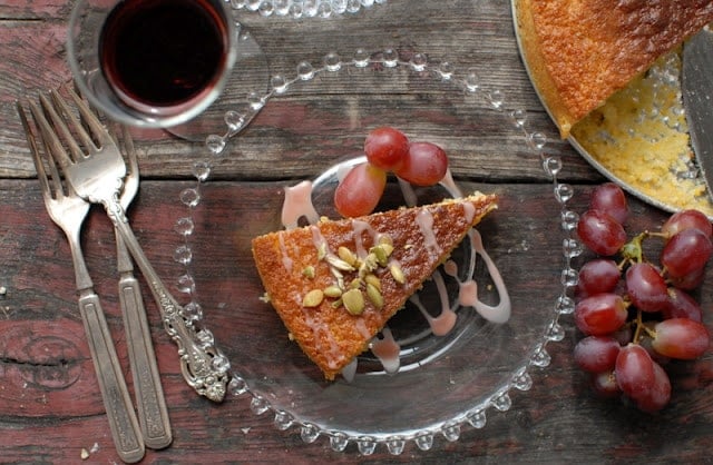 A plate of olive oil cake with glaze