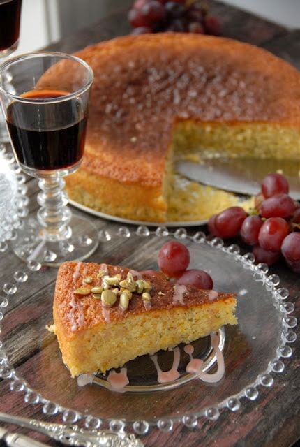 slice of olive oil cake with port glaze