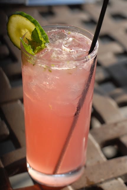 A close up of a glass of pomegranate cucumber mojito cocktail