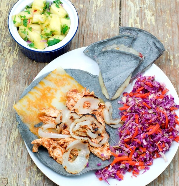 quesadilla, colorful slaw and pineapple salsa