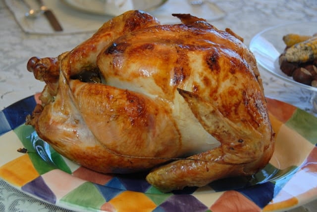 roasted turkey on colorful platter