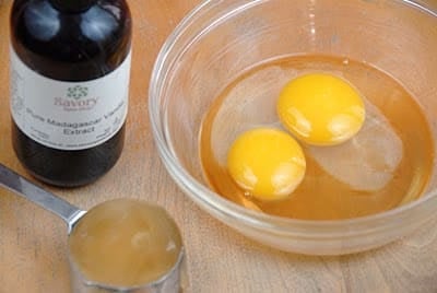 Eggs in a glass mixing bowl