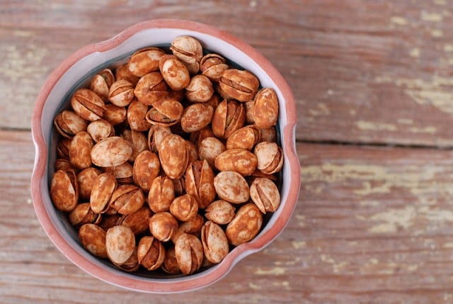 bowl of spicy pistachio nuts