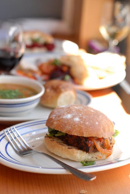 A close up of a burger