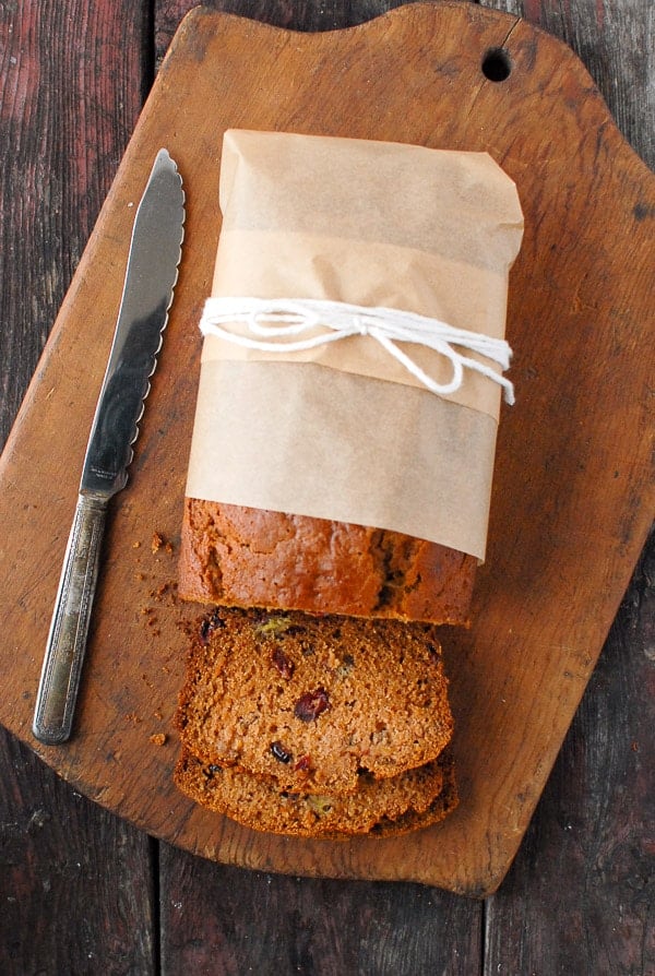 Pumpkin Roasted-Banana Quick Bread from overhead wrapped in parchment