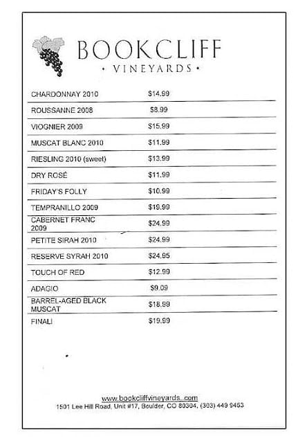 menu with prices