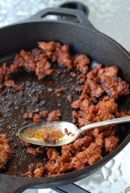 Grill-Smoked Chorizo in cast iron skillet 