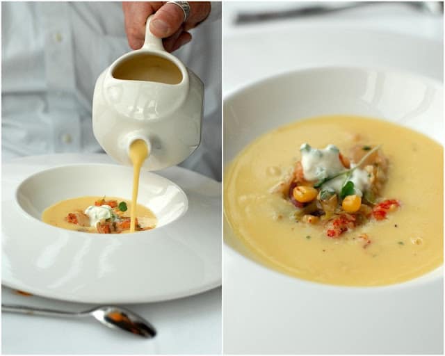 2 photo collage with white bowl of corn chowder pouring into bowl from white pitcher, bowl of chowder with tomato and toppings on right 