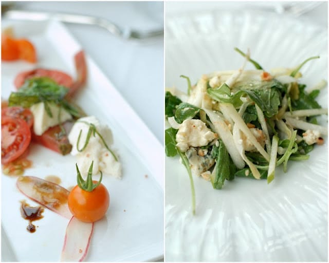 2 photo collage: close up of cherry tomato and sliced radish salad (on left)apple arugula goat cheese slaw on right 