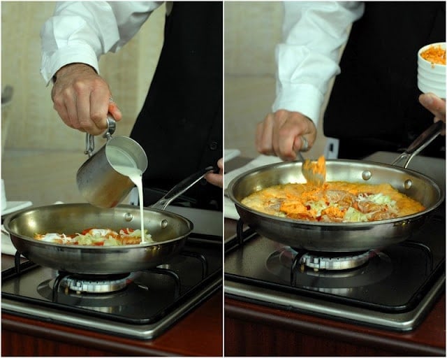 2 photo collage: skillet on burner with chef cooking creamy shrimp dish on left, chef adding cheese to skillet on right side 