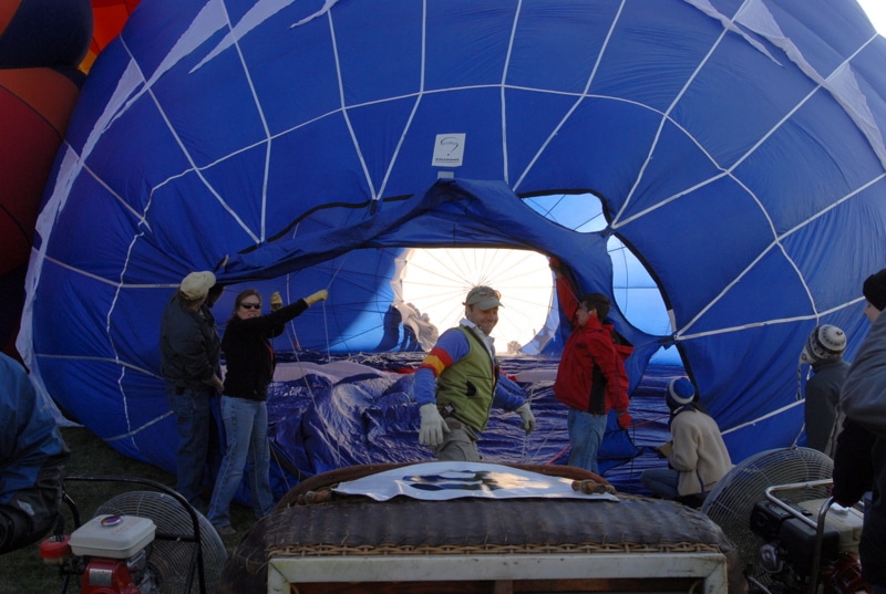 Liking inside a blue hot air balloon