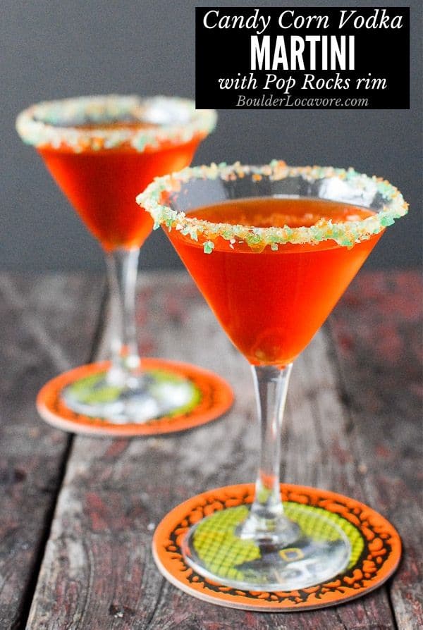 candy corn vodka martini with pop rocks rim