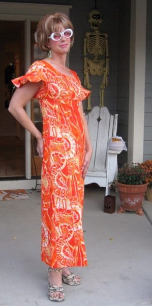 A woman wearing a tiki dress