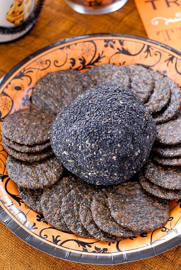 Mexican Cheese Ball with black rice crackers