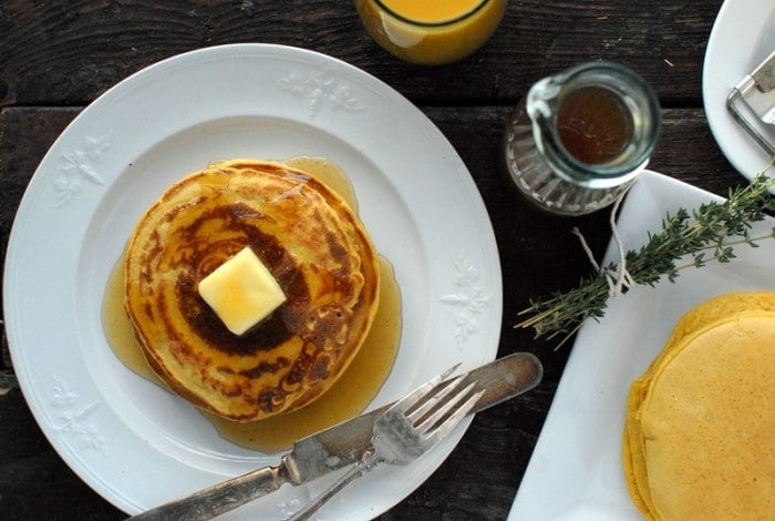 Pumpkin Ricotta Pancakes with Ginger-Thyme Syrup 
