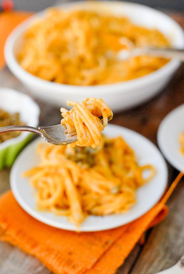 forkful of pasta with pumpkin chipotle sauce