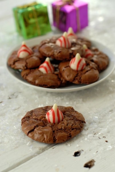 Chocolate Truffle Peppermint Kiss Cookies on plate