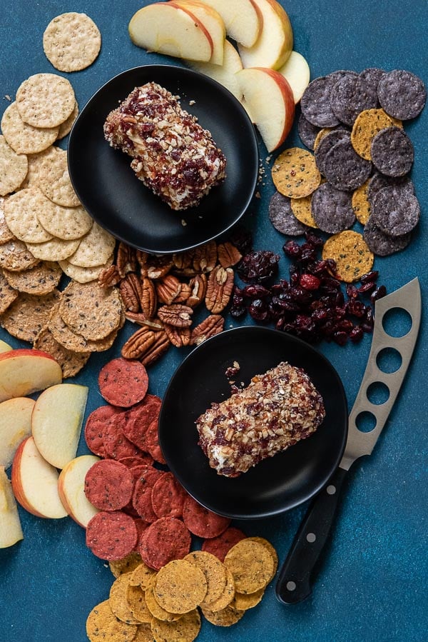 Cranberry Pecan Goat Cheese Appetizer - 2 rolls with crackers and fruit