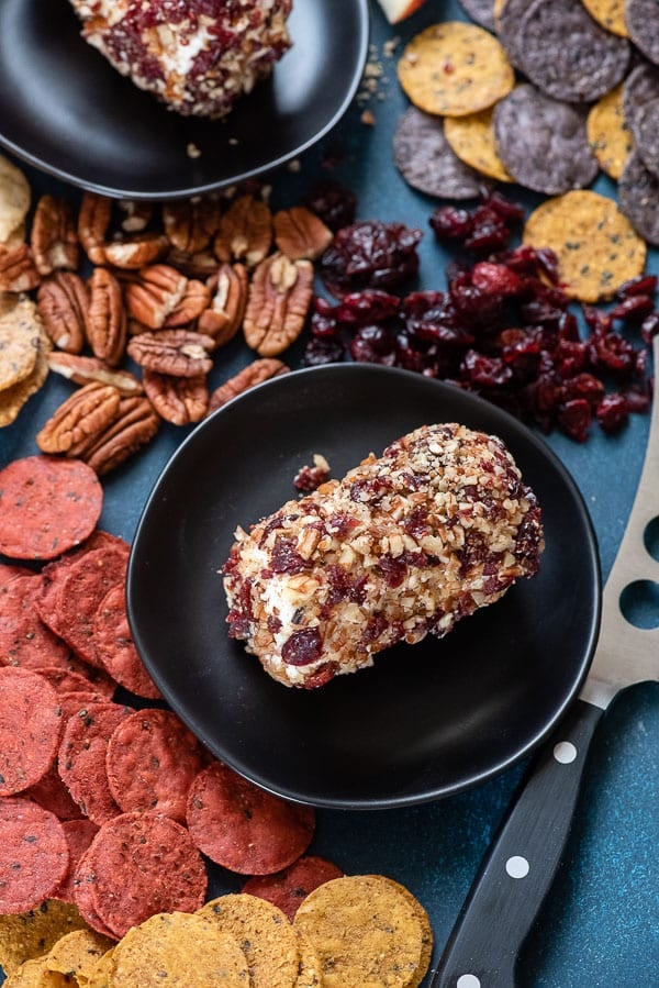 Cranberry Pecan Goat Cheese Appetizer on black plate