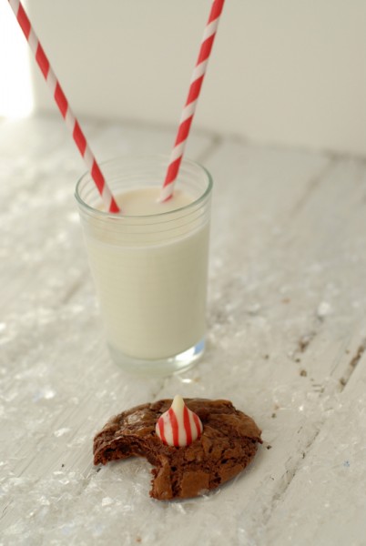 Chocolate Truffle Peppermint Kiss Cookie with a glass of milk