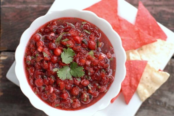 Cranberry salsa in white bowl