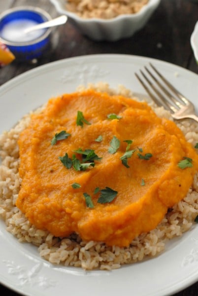 Butternut Squash Curry on rice with fork