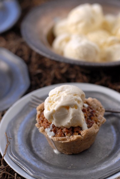 Mini Spicy Crust Bourbon Pecan Pies with  homemade Cinnamon Ice Cream 