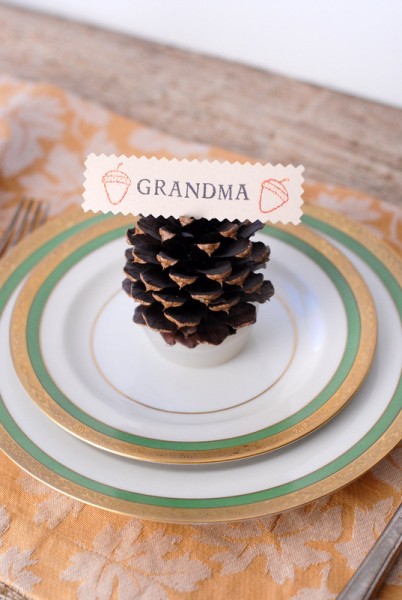 DIY Pine Cone Firestarter Place Card Holders On plate