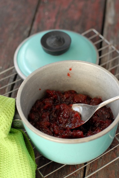 Spicy Honey Cranberry Sauce In blue saucepan