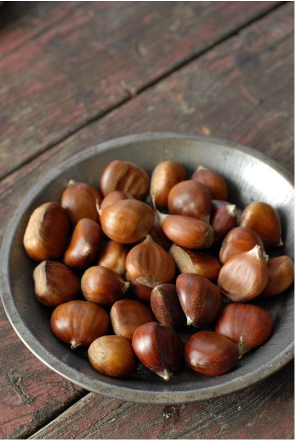 Vintage pie pan full of Chestnuts