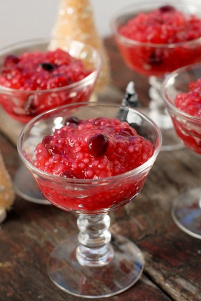 Cranberry Tapioca with Orange-Nutmeg Whipped Cream in glass goblets