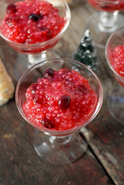 Cranberry Tapioca with Orange-Nutmeg Whipped Cream on wood surface