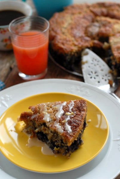 Bluebird Coffee Cake with Lemon Glaze on a plate