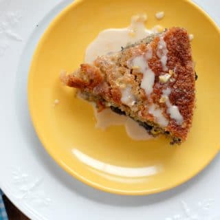 Bluebird Coffee Cake with Lemon Glaze slice on a yellow plate