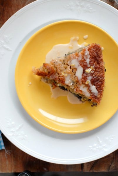 Bluebird Coffee Cake with Lemon Glaze slice on a yellow plate