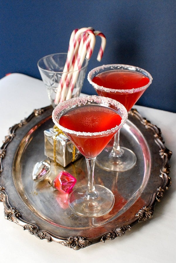 candy cane cocktails on silver tray