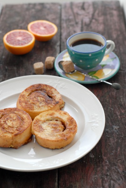 Plate of Cinnamon Roll French Toast with A cup of coffee